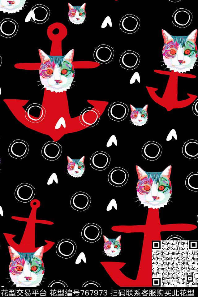2016123106.jpg - 767973 - 猫 船锚 动物 - 传统印花花型 － 女装花型设计 － 瓦栏
