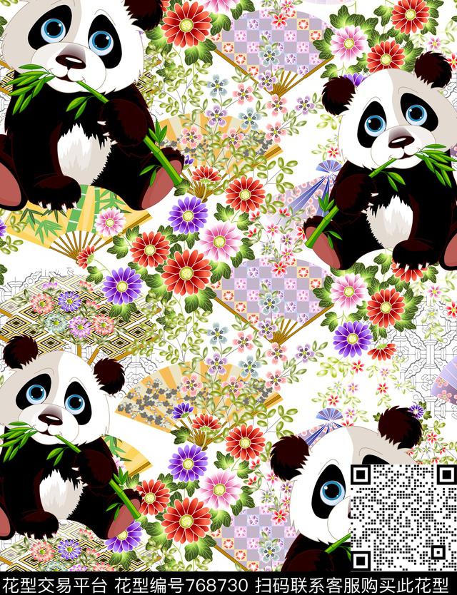 中国风国宝扇子花纹.jpg - 768730 - 大熊猫 女童 复古花 - 数码印花花型 － 童装花型设计 － 瓦栏