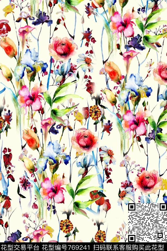 多色水彩丰富花卉.jpg - 769241 - 抽象 花卉 色彩 - 数码印花花型 － 女装花型设计 － 瓦栏