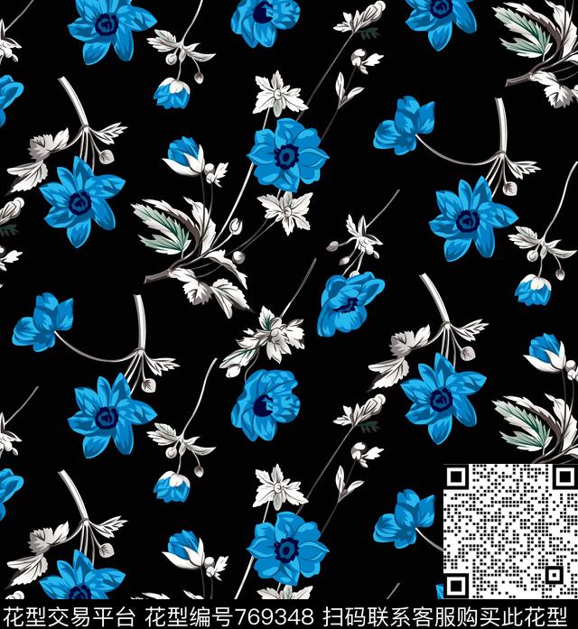 手绘玻璃纹花卉.jpg - 769348 - 花卉 花朵 大花 - 传统印花花型 － 女装花型设计 － 瓦栏
