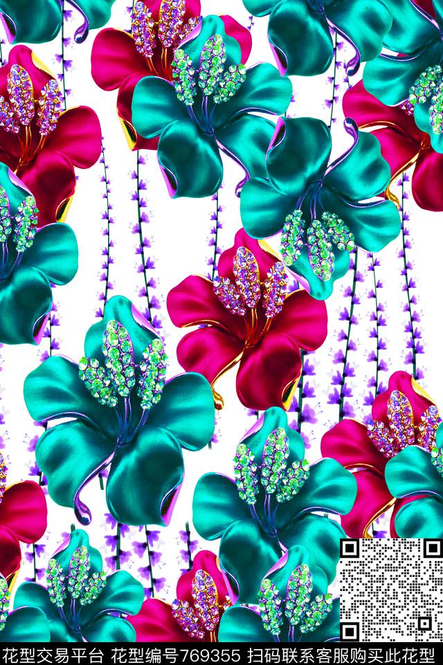 多色花卉配水彩桃花.jpg - 769355 - 大花 花朵 花卉 - 数码印花花型 － 女装花型设计 － 瓦栏