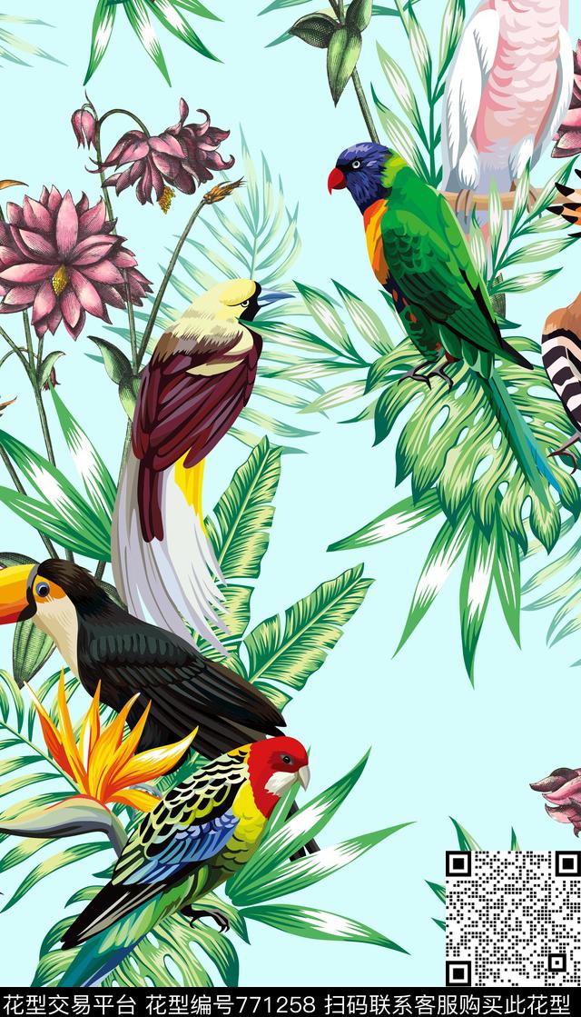 花卉鸟.jpg - 771258 - 热带植物 鹦鹉 花卉 - 数码印花花型 － 女装花型设计 － 瓦栏