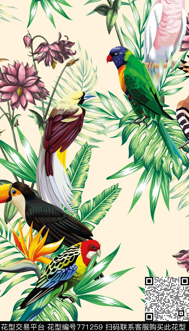 花卉鸟-1.jpg - 771259 - 热带植物 鹦鹉 花卉 - 数码印花花型 － 女装花型设计 － 瓦栏