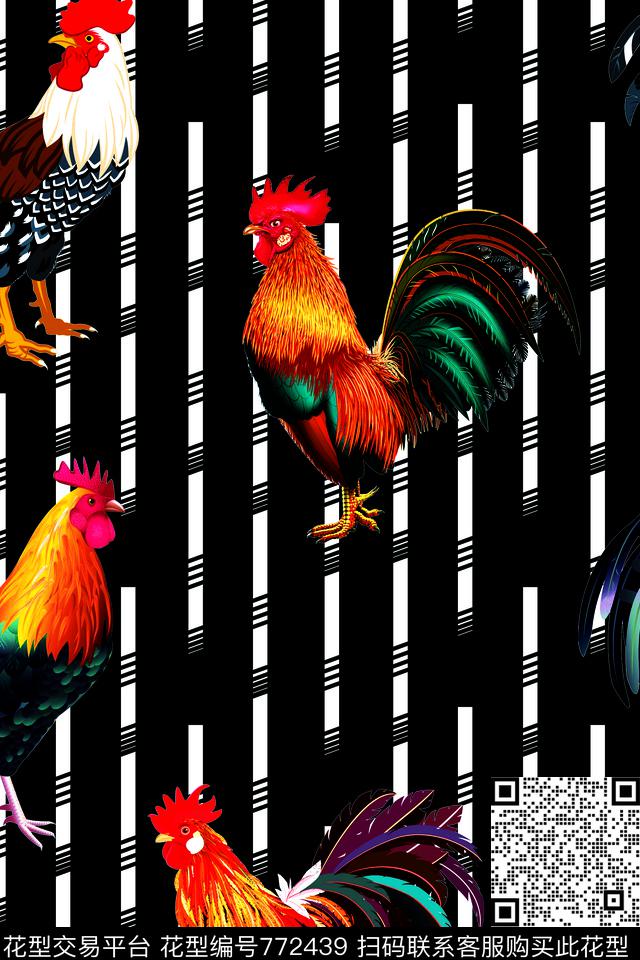 公鸡02.tif - 772439 - 潮流图案 公鸡 数码印花 - 数码印花花型 － 女装花型设计 － 瓦栏