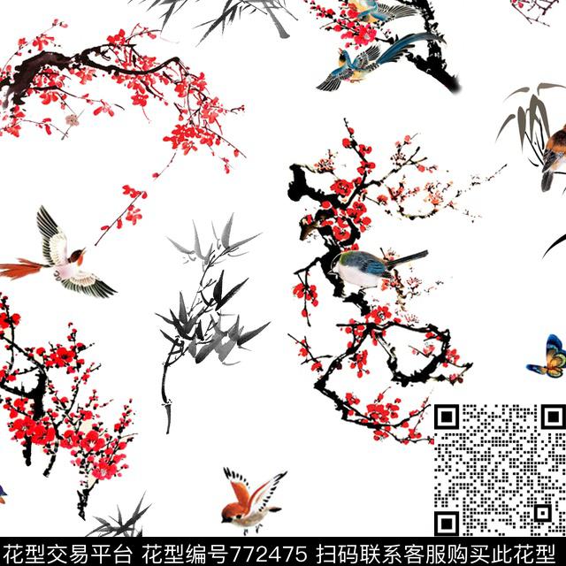 水墨梅竹1.tif - 772475 - 中国风 民族风 1/2跳接 - 数码印花花型 － 女装花型设计 － 瓦栏