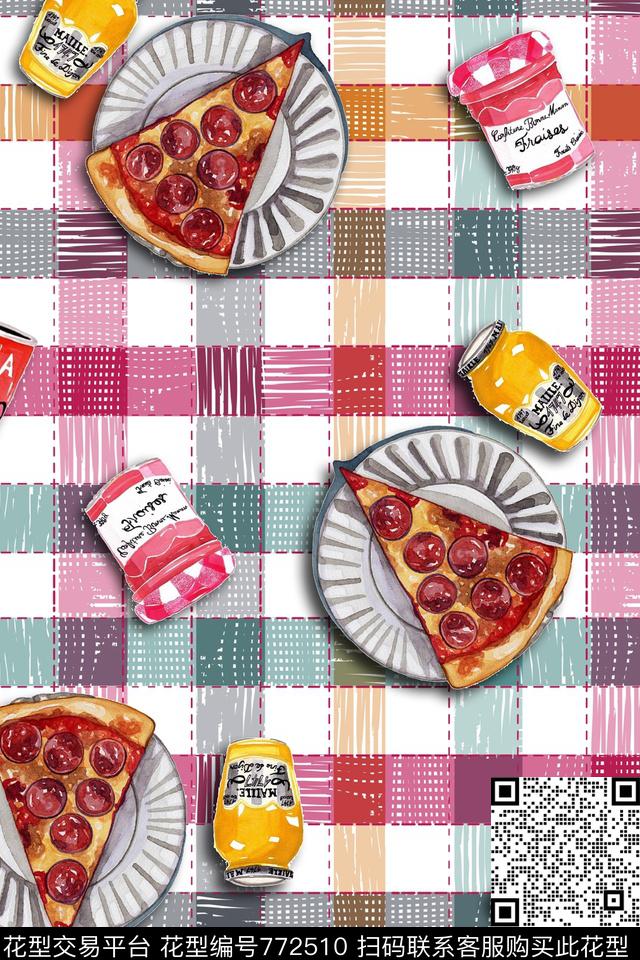 披萨.jpg - 772510 - 趣味 披萨果酱 格纹底纹 - 数码印花花型 － 礼品花型设计 － 瓦栏