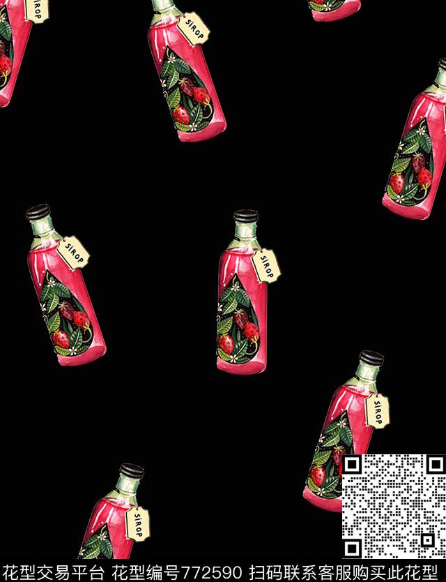 酒瓶子.tif - 772590 - 手绘花卉 香水瓶 趣味 - 数码印花花型 － 女装花型设计 － 瓦栏