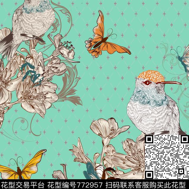 A1.jpg - 772957 - 装饰 昆虫 鸟、蝴蝶 - 传统印花花型 － 沙发布花型设计 － 瓦栏