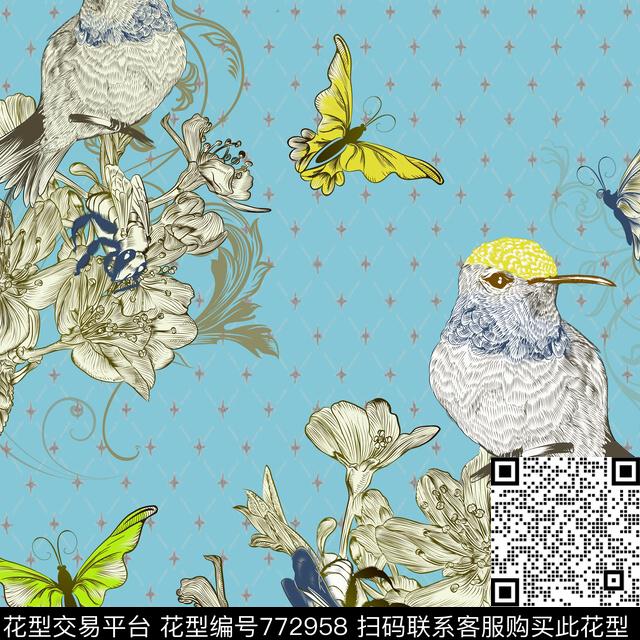 A2.jpg - 772958 - 装饰 昆虫 鸟、蝴蝶 - 传统印花花型 － 沙发布花型设计 － 瓦栏