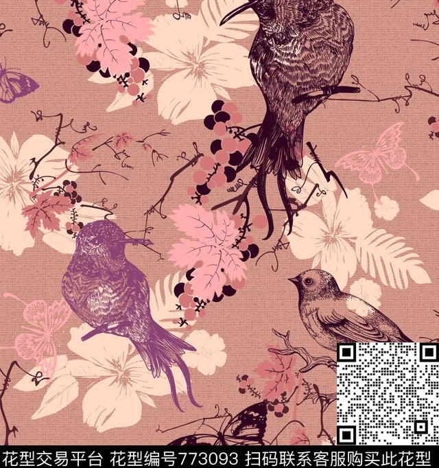 wz-0变色1.jpg - 773093 - 鸟、蝴蝶、葡萄 - 传统印花花型 － 沙发布花型设计 － 瓦栏