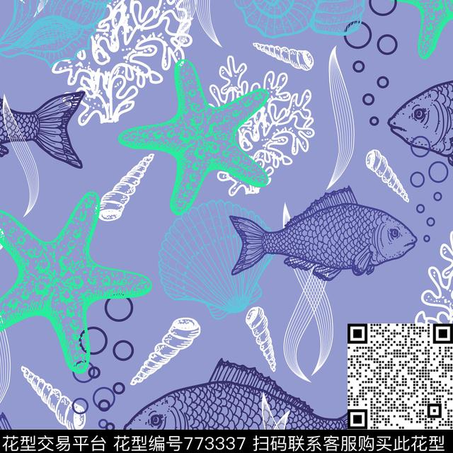 2a2.jpg - 773337 - 海洋生物 鱼 海星 - 传统印花花型 － 沙发布花型设计 － 瓦栏