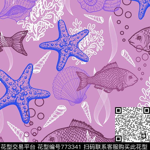 2a.jpg - 773341 - 海洋生物 鱼 海星 - 传统印花花型 － 沙发布花型设计 － 瓦栏