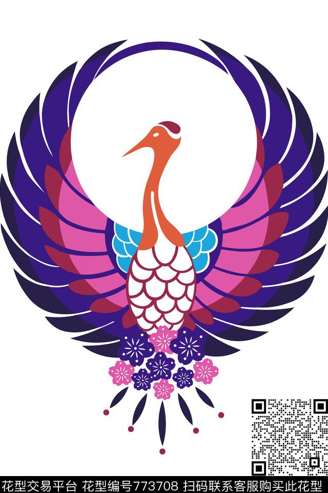crane.jpg - 773708 - 花鸟 独幅 中性 - 传统印花花型 － 女装花型设计 － 瓦栏