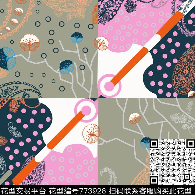丝巾4--1.jpg - 773926 - 火腿花 佩斯利 腰果 - 传统印花花型 － 方巾花型设计 － 瓦栏