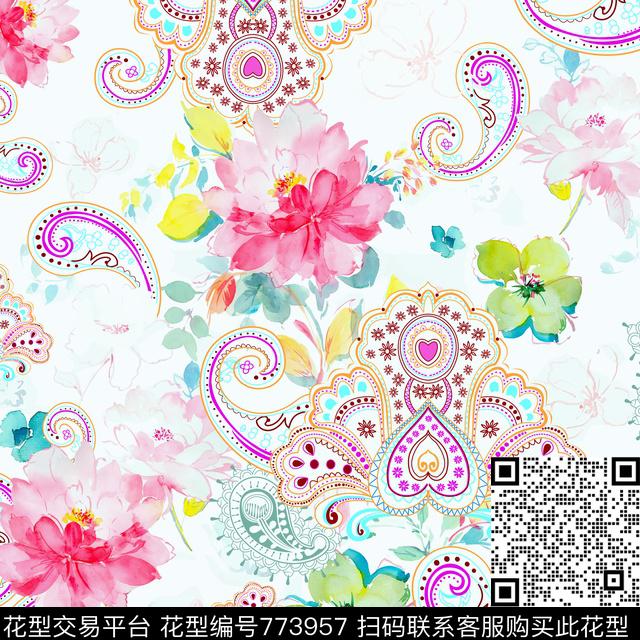方巾变色1.jpg - 773957 - 火腿花 佩斯利 腰果 - 传统印花花型 － 方巾花型设计 － 瓦栏