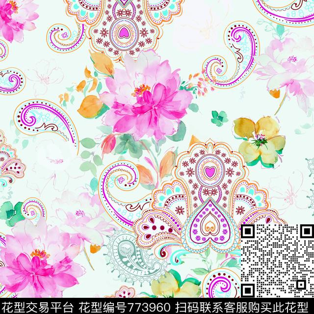方巾变色2.jpg - 773960 - 火腿花 佩斯利 腰果 - 传统印花花型 － 方巾花型设计 － 瓦栏