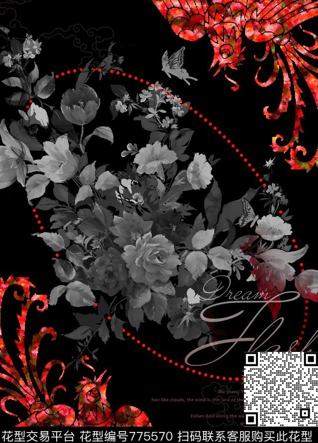 未标题-1.jpg - 775570 - 文字 花卉 凤凰 - 数码印花花型 － 女装花型设计 － 瓦栏