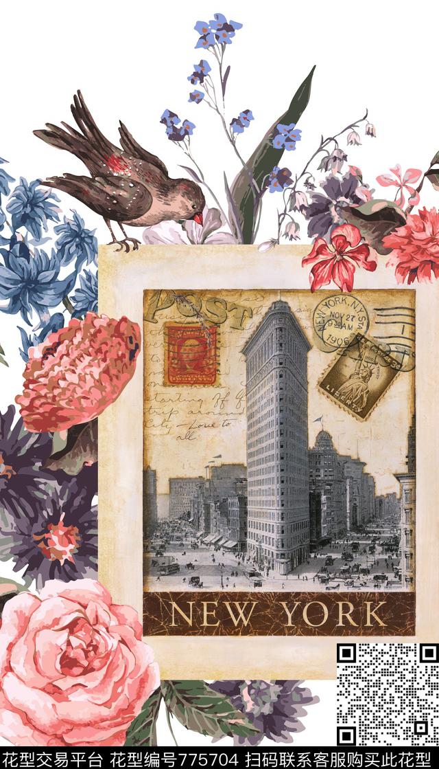邮票.jpg - 775704 - 花卉 复古 邮票 - 数码印花花型 － 女装花型设计 － 瓦栏