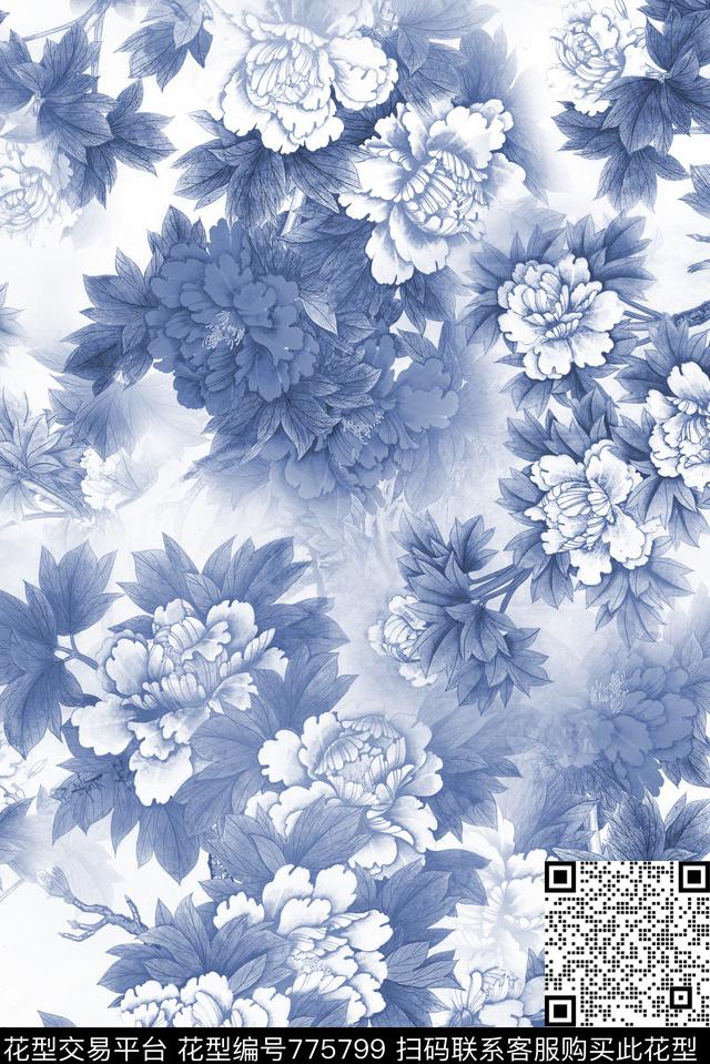 中国风2.jpg - 775799 - 中国风 工笔画 花卉 - 数码印花花型 － 女装花型设计 － 瓦栏