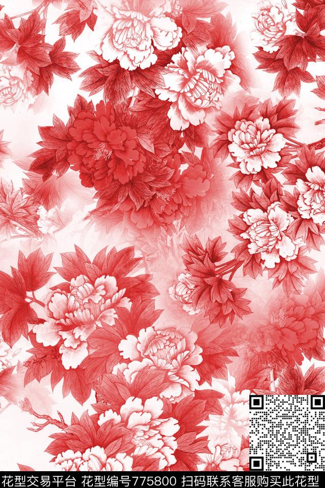 中国风3.jpg - 775800 - 中国风 工笔画 花卉 - 数码印花花型 － 女装花型设计 － 瓦栏