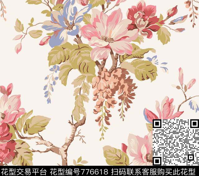 ww66.tif - 776618 - 花卉 绣花花型 定位花 - 传统印花花型 － 沙发布花型设计 － 瓦栏