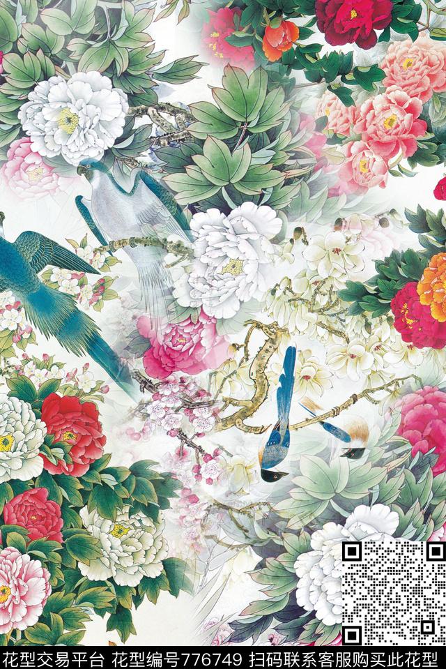 花鸟.jpg - 776749 - 花卉 旗袍 中国风 - 数码印花花型 － 女装花型设计 － 瓦栏
