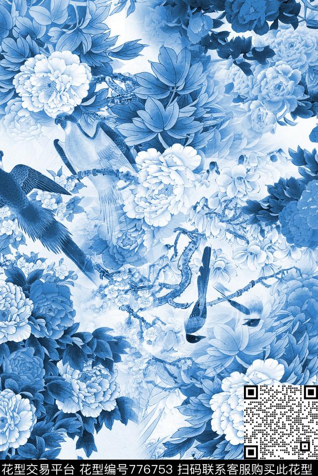 花鸟2.jpg - 776753 - 花卉 旗袍 中国风 - 数码印花花型 － 女装花型设计 － 瓦栏