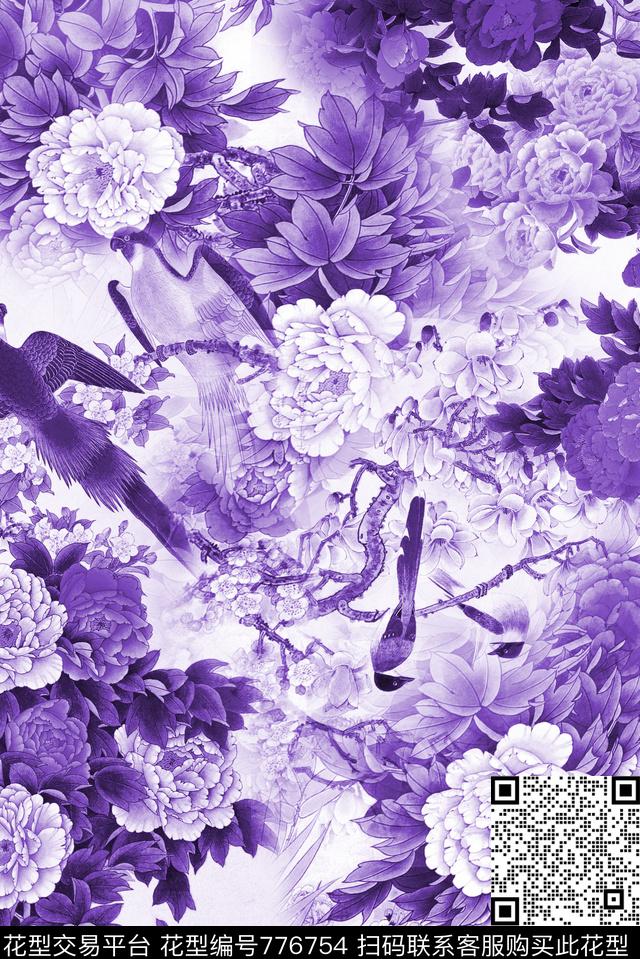 花鸟3.jpg - 776754 - 花卉 旗袍 中国风 - 数码印花花型 － 女装花型设计 － 瓦栏
