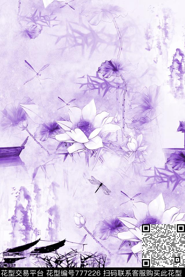水墨莲花4.jpg - 777226 - 工笔 花卉 旗袍 - 数码印花花型 － 女装花型设计 － 瓦栏