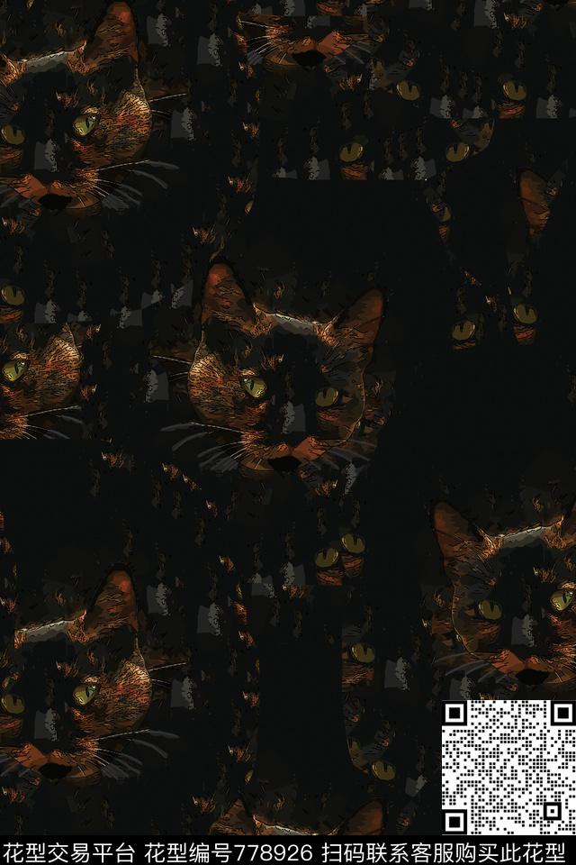 黑夜里的猫.jpg - 778926 - 动物迷彩 动物纹 猫 - 传统印花花型 － 男装花型设计 － 瓦栏