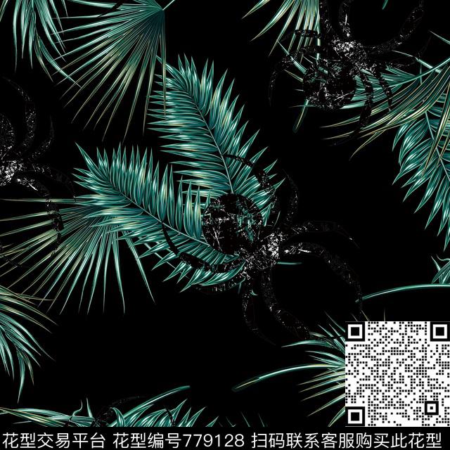 蜘蛛黑.jpg - 779128 - 棕榈叶 热带 蜘蛛 - 传统印花花型 － 女装花型设计 － 瓦栏