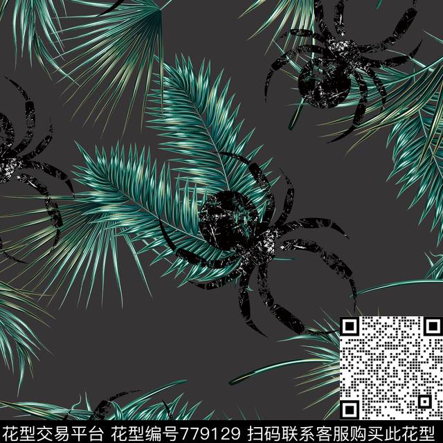 蜘蛛灰.jpg - 779129 - 棕榈叶 热带 蜘蛛 - 传统印花花型 － 女装花型设计 － 瓦栏