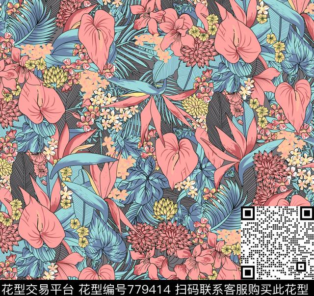 17-2-013.tif - 779414 - 花卉 花朵 热带 - 数码印花花型 － 女装花型设计 － 瓦栏