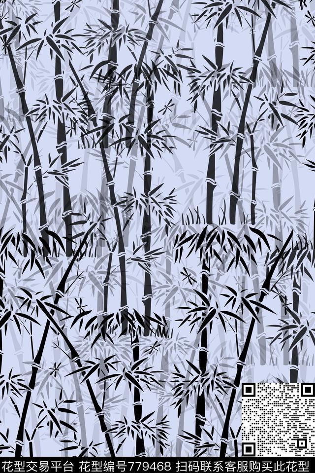 竹子—蓝.jpg - 779468 - 竹子 竹叶 自然竹 - 数码印花花型 － 女装花型设计 － 瓦栏