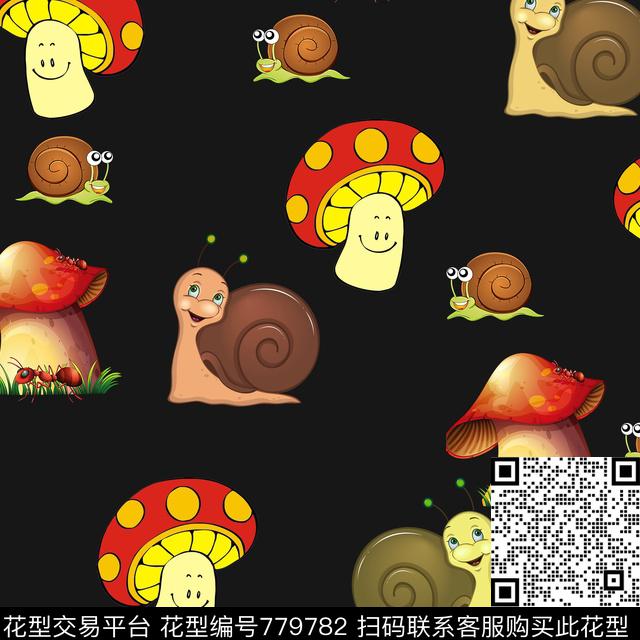 蘑菇蜗牛_黑.jpg - 779782 - 卡通 蜗牛 蘑菇 - 传统印花花型 － 童装花型设计 － 瓦栏