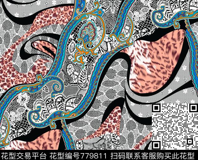 17-2-022.tif - 779811 - 动物纹 豹纹 虎头 - 传统印花花型 － 男装花型设计 － 瓦栏