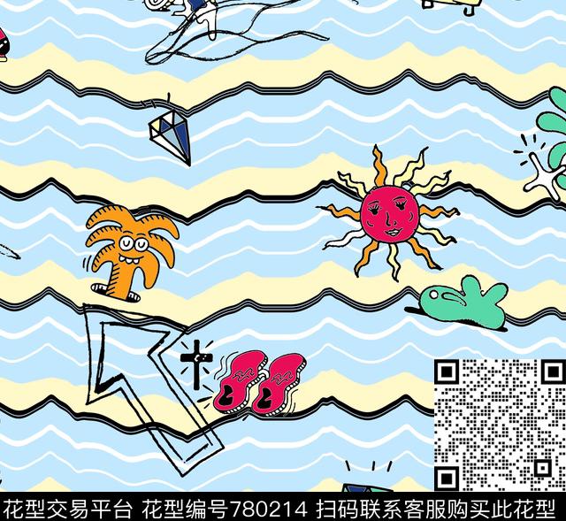 度假海边热带趣味涂鸦.jpg - 780214 - 度假 涂鸦 条纹 - 传统印花花型 － 童装花型设计 － 瓦栏