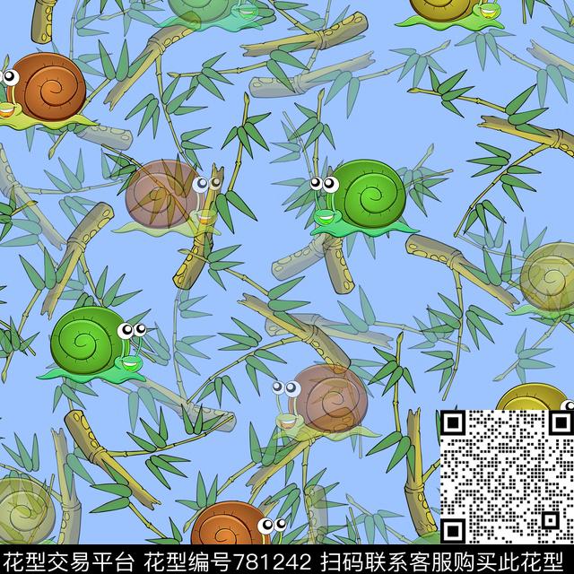 竹子蜗牛—蓝.jpg - 781242 - 竹子 卡通 蜗牛 - 数码印花花型 － 童装花型设计 － 瓦栏