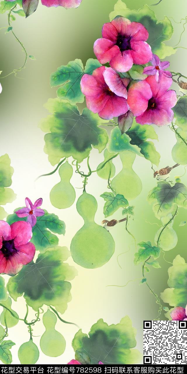 葫芦花卉.jpg - 782598 - 手绘花卉 花卉 水彩 - 数码印花花型 － 女装花型设计 － 瓦栏