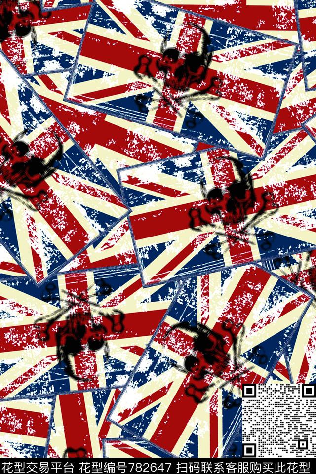 欧美复古英国国旗骷髅头组合印花设计.jpg - 782647 - 骷髅头 英国国旗 复古 - 传统印花花型 － 其他花型设计 － 瓦栏