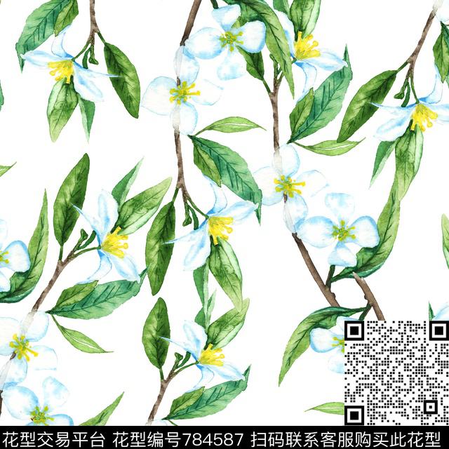绿叶花—白.jpg - 784587 - 花朵 花卉 叶子 - 传统印花花型 － 女装花型设计 － 瓦栏
