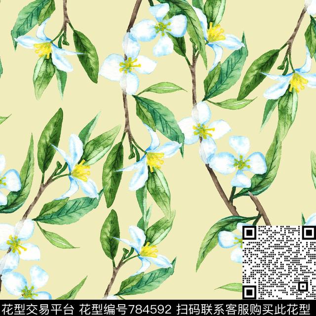 绿叶花—黄.jpg - 784592 - 花朵 花卉 叶子 - 传统印花花型 － 女装花型设计 － 瓦栏