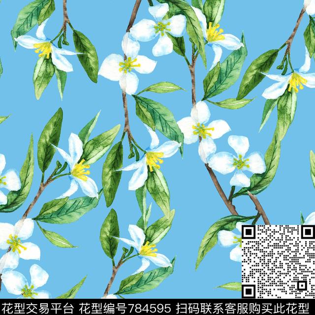 绿叶花—蓝.jpg - 784595 - 花朵 花卉 叶子 - 传统印花花型 － 女装花型设计 － 瓦栏