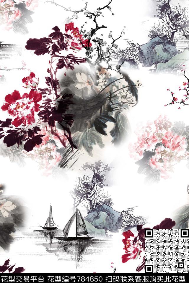 水彩.jpg - 784850 - 风景 花卉 中国风 - 数码印花花型 － 女装花型设计 － 瓦栏