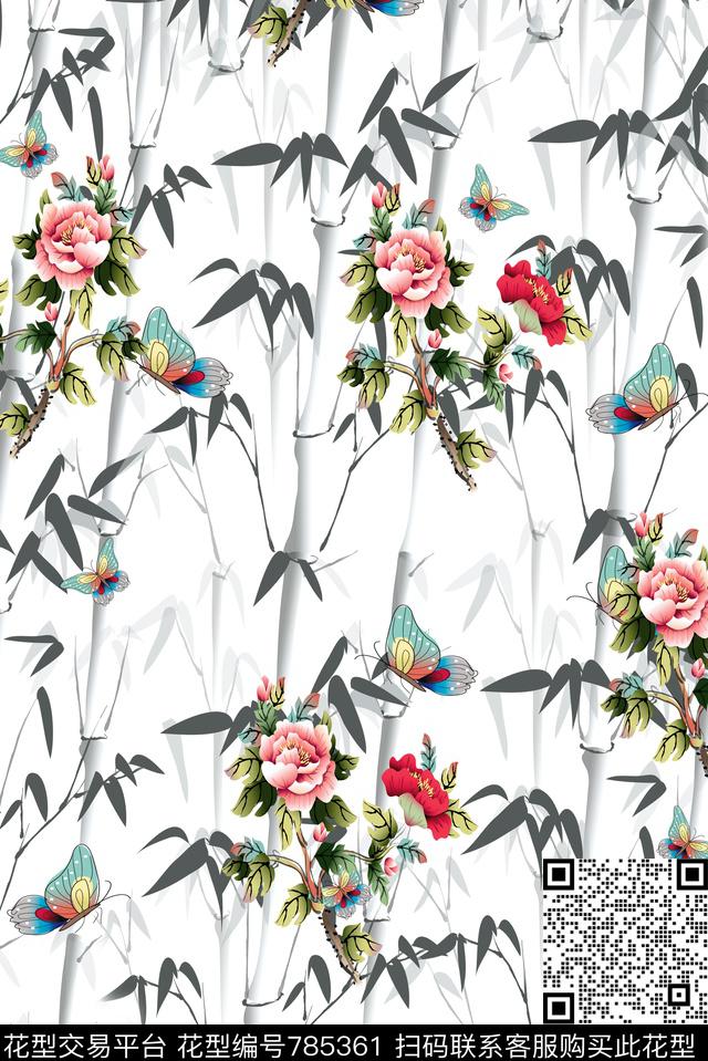 Y17M10.tif - 785361 - 竹叶花 中国风 女装 - 数码印花花型 － 女装花型设计 － 瓦栏