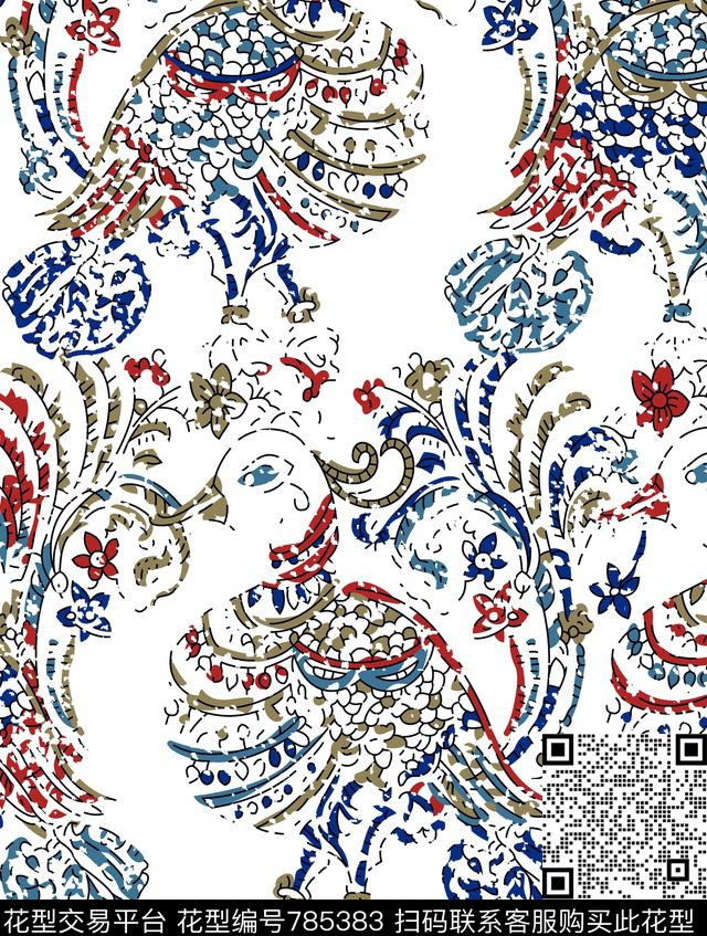 山鸡变凤凰.jpg - 785383 - 天堂鸟 绣球花 几何花 - 传统印花花型 － 女装花型设计 － 瓦栏