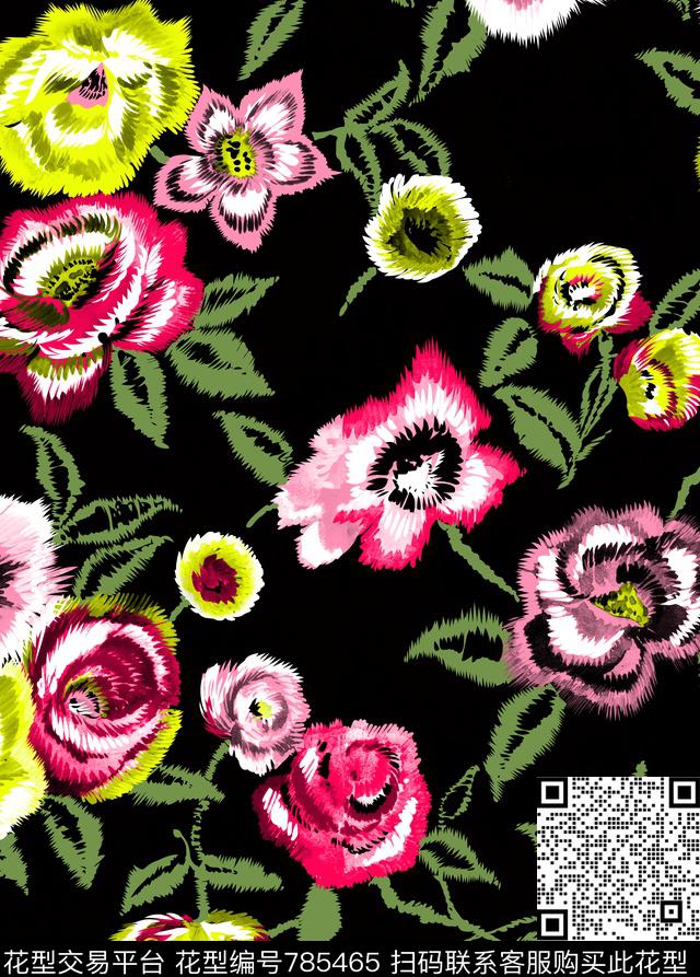 17001-w4.bmp - 785465 - 大花 玫瑰 花朵 - 传统印花花型 － 女装花型设计 － 瓦栏