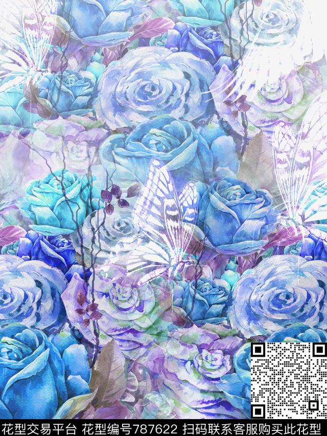 油画玫瑰-蓝.jpg - 787622 - 中国风 大花 玫瑰 - 数码印花花型 － 女装花型设计 － 瓦栏