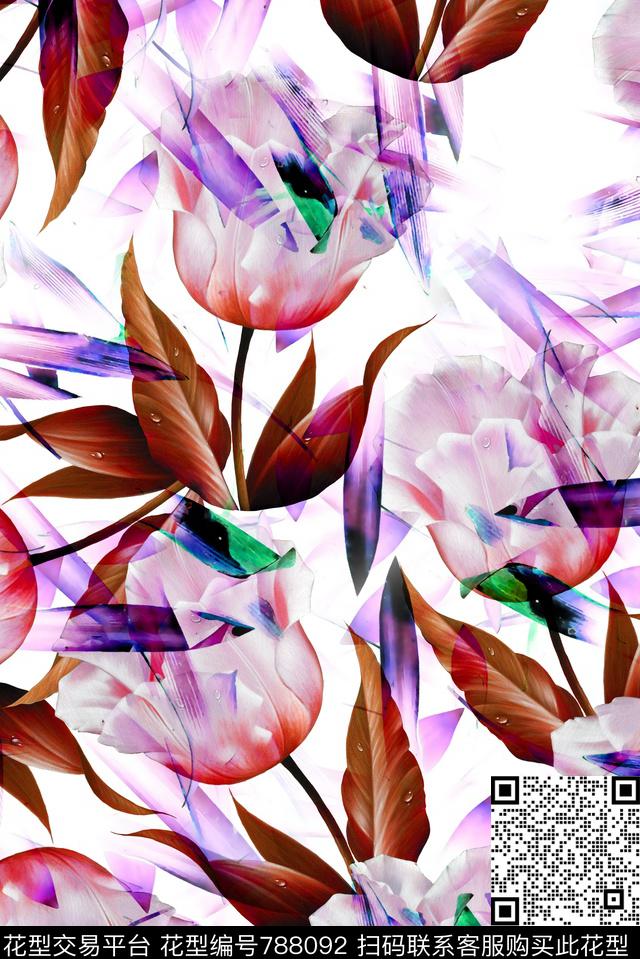 2017007D.jpg - 788092 - 花卉 树叶 满版 - 数码印花花型 － 女装花型设计 － 瓦栏