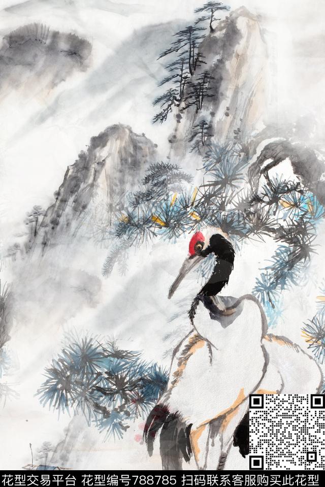山水鹤1.jpg - 788785 - 山水画 中国风 动物 - 数码印花花型 － 女装花型设计 － 瓦栏